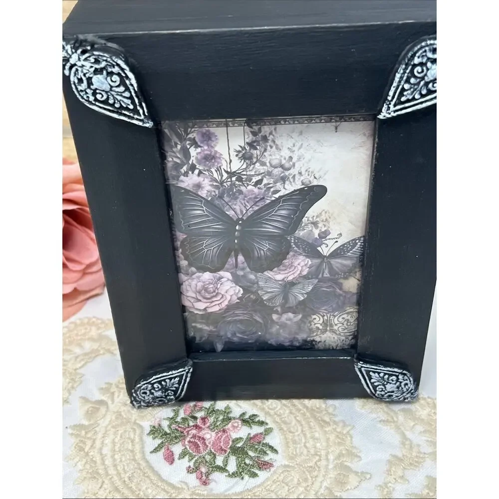 Elegant Black Decorative Butterfly Sliding Trinket Box with Silver Accents